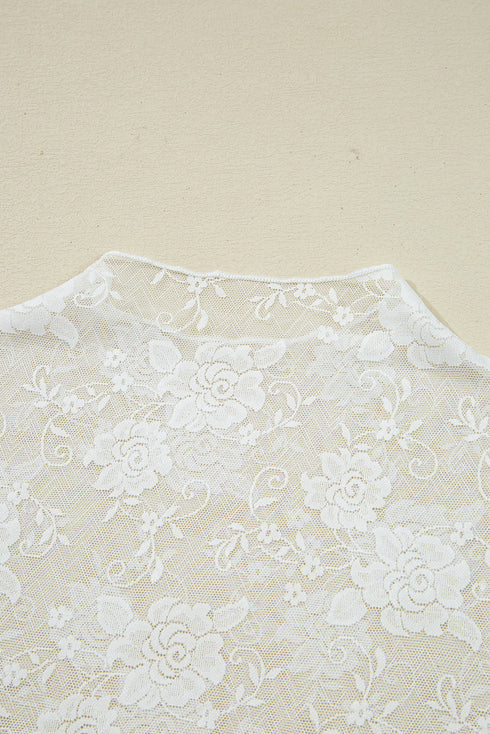 Sheer Floral Lace Mesh Mock Neck Elegant Long Sleeve Fitted Top
